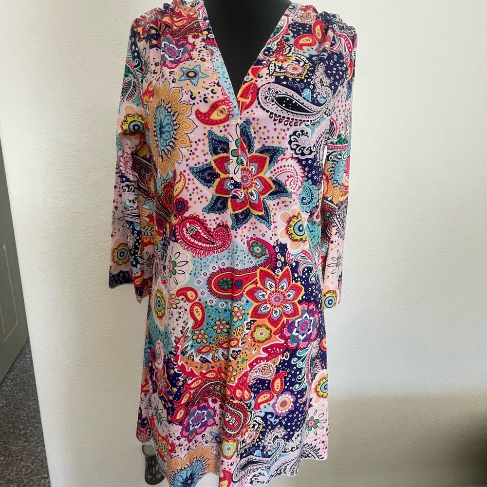 Boho Paisley Print Tunic Dress V-Neck 3/4 Bell Sleeve
